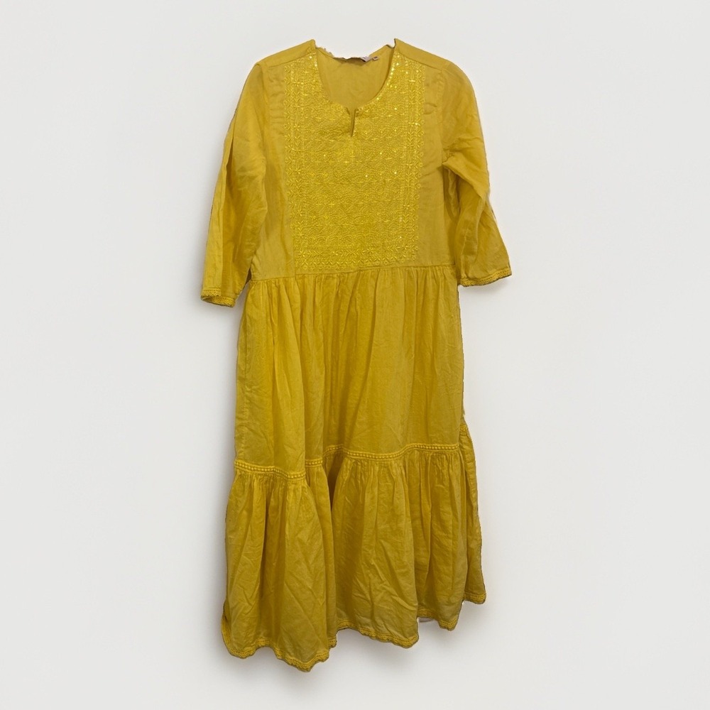 BIBA Kurta Dress Maxi Embroidered Sequin 100% Cotton Women Sz 36 US 4 Yellow